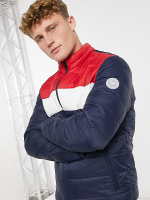 Jack & Jones Essentials Puffer Jacket With Collar In Navy Red & White