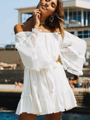 Tassel Flare Sleeved Off The Shoulder Beach Dress