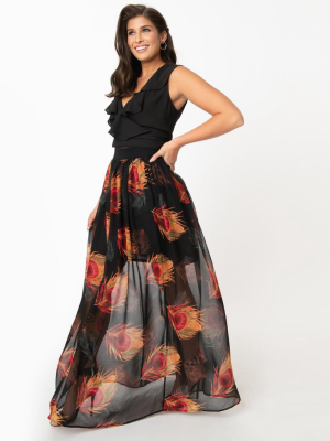 Unique Vintage Black & Red Peacock Feather Joni Maxi Skirt