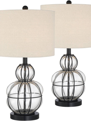 360 Lighting Modern Table Lamps Set Of 2 Dark Bronze Blown Glass Gourd Burlap Fabric Drum Shade Living Room Bedroom Bedside Office