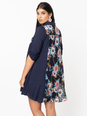 Navy Blue & White Embroidered Floral Shirt Dress