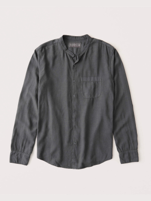 Linen-blend Banded Collar Button-up Shirt