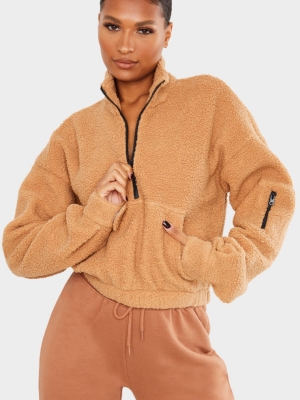 Camel Borg Zip Front Oversized Sweater