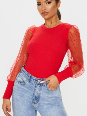 Red Dobby Mesh Sleeve Bodysuit