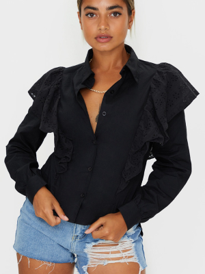 Petite Black Broderie Anglaise Frill Blouse