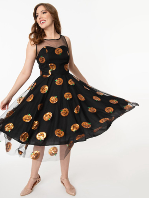 Magnolia Place Black Mesh & Orange Sequin Pumpkins Vanity Swing Dress