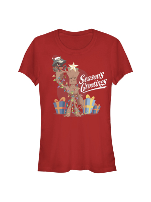 Junior's Marvel Christmas Groot & Rocket Season Grooting T-shirt