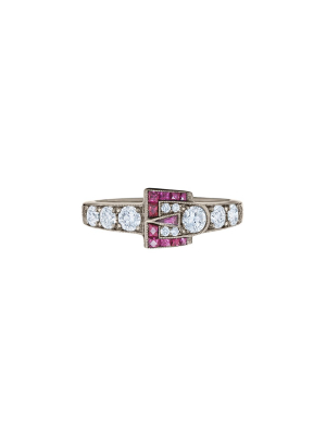 Vintage Diamond & Ruby Buckle Ring - White Gold