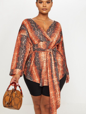 Plus Orange Snake Print Tie Waist Blouse