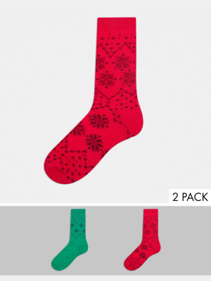 Asos Design Sport Socks With Green & Red Fairisle Design 2-pack