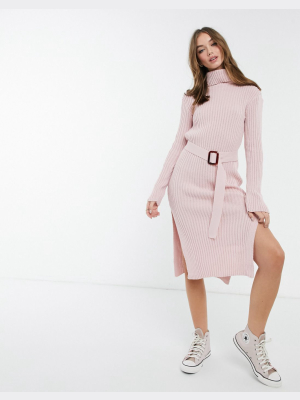 In The Style X Billie Faiers Roll Neck Knitted Dress With Belt In Pink