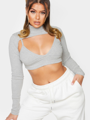 Grey Rib Long Sleeve Cut Out Bralet Crop Top