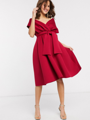 Asos Design Fallen Shoulder Midi Prom Dress With Tie Detail In Red