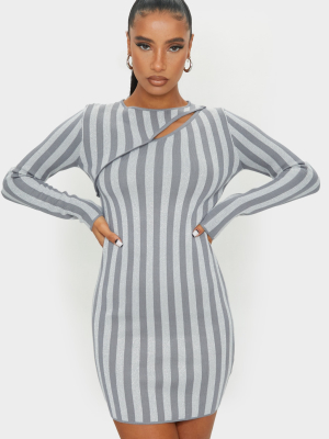 Grey Striped Knitted Bodycon Mini Dress