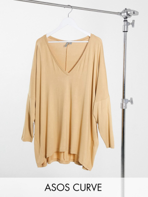 Asos Design Curve Oversized V-neck Batwing Sleeve Top In Drapey Rib In Sand