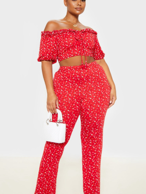 Plus Red Ditsy Floral Flared Pants
