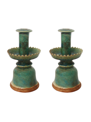 Candle Holders Speckled Green, Set Of 2