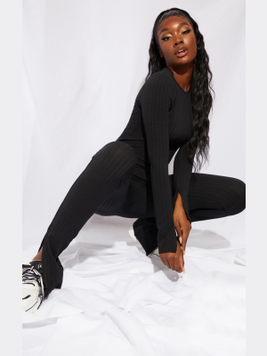 Tall Black Knitted Long Sleeve Split Hem Jumpsuit