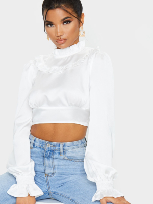 White Satin Frill High Neck Long Sleeve Top