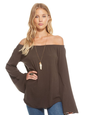 Gauzy Cotton Jersey Smocked Off Shoulder Bell Sleeve Top