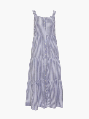 Linen-blend Button-front Tiered Midi Dress In Stripe