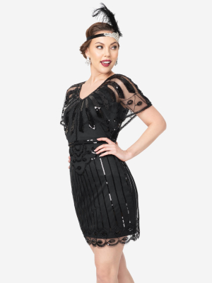 Unique Vintage Black Beaded Angel Sleeve Oxsana Flapper Dress