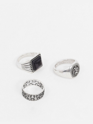 Asos Design Ring Pack With Black Stone And Signet In Burnished Silver Tone