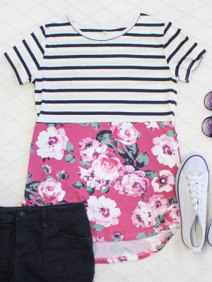 Floral And Stripe Tee - Pink