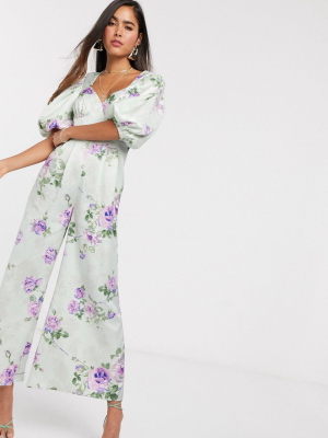 Asos Design Puff Sleeve Jumpsuit In Vintage Pastel Floral Print