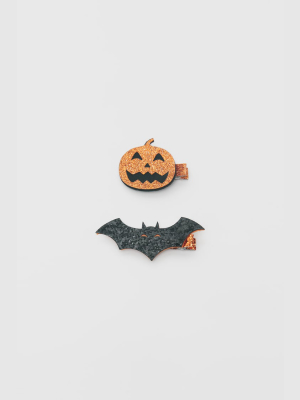 Two Pack Of Pumpkin And Bat Barrettes