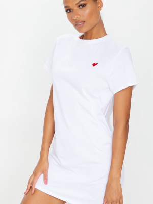 White Heart Embroidered T Shirt Dress