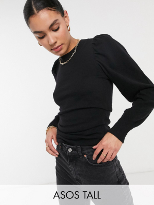 Asos Design Tall Volume Sleeve Sweater With Ruched Waist In Black