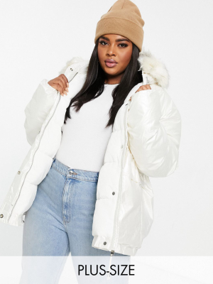 Sixth June Plus Oversized Vinyl Puffer Jacket With Faux Fur Hood