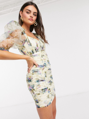 Asos Design Floral Organza Ruched Mini Dress With Puff Sleeve