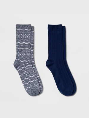 Warm Essentials By Cuddl Duds Women's Lightweight Diamond Fair Isle And Textured 2pk Crew Socks 4-10