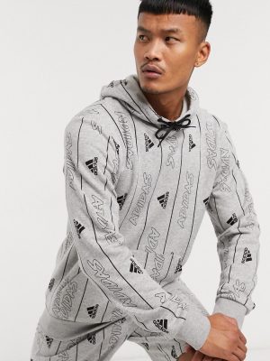 Adidas Training All Over Logo Hoodie In Gray
