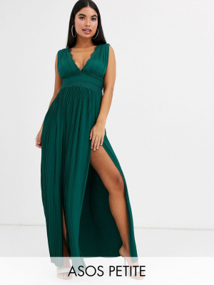 Asos Design Petite Premium Lace Insert Pleated Maxi Dress In Forest Green