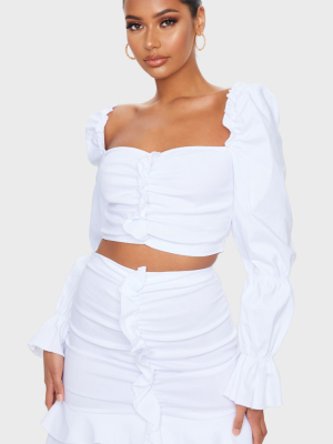 White Woven Stretch Frill Ruched Front Mini Skirt