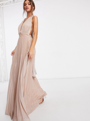 Goddiva Backless Plunge Pleated Maxi Dress With Drape Back Tie In Glitter Rose Gold