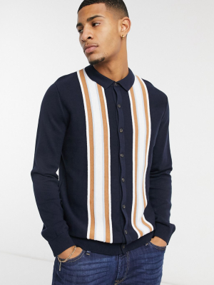 Topman Knitted Striped Polo In Navy