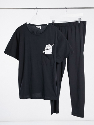 Asos Design Christmas 'loco For Hot Cocoa' Oversized Tee And Leggings Pajama Set In Black