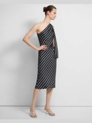 One Shoulder Dress In Chain Print Silk Twill