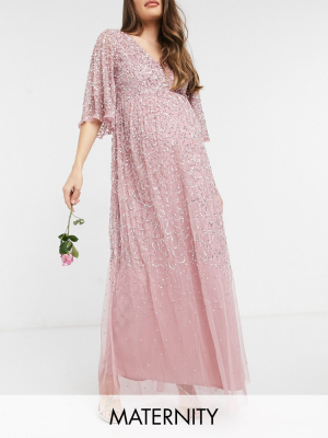 Maya Maternity Bridesmaid Plunge Front Flutter Sleeve Delicate Sequin Maxi Dress In Pink