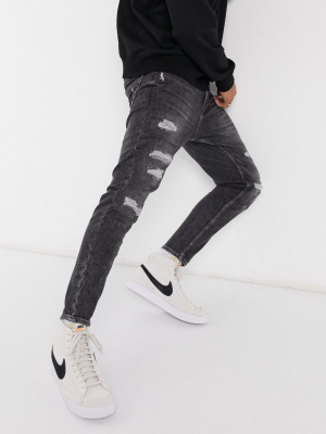 Pull&bear Skinny Fit Jeans In Washed Black With Rips