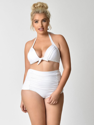 Unique Vintage Plus Size Solid White Monroe Halter Swim Top