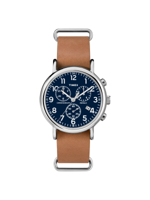 Timex Weekender Slip Thru Leather Strap Chronograph Watch - Tan/blue Tw2p62300jt