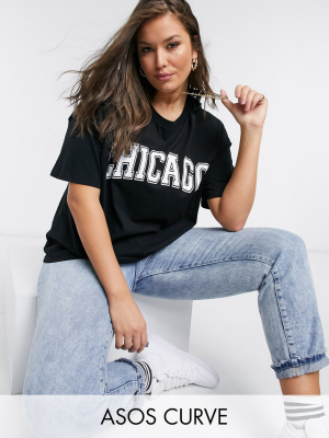 Asos Design Curve Oversized T-shirt With Chicago Print In Black