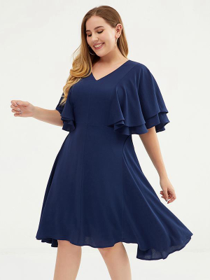 Plus Size Ruffle Sleeve Multi-layer Midi Dress