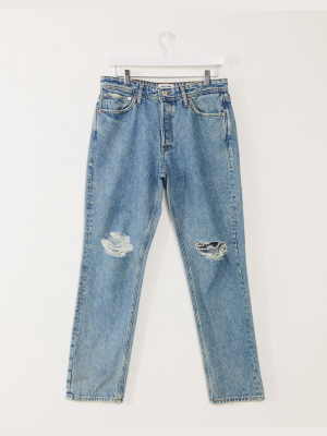 Jack & Jones Intelligence Jeans In Loose Fit With Rips In Mid Blue