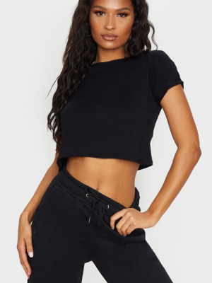 Basic Black Roll Sleeve Crop T Shirt